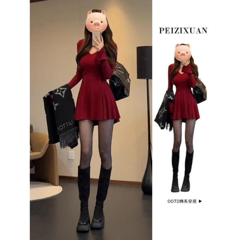 New red V-neck Spice Girl long-sleeved dress women s season new temperament slim-fitting waist A-shaped skirt short skirt s recommends 40-47.5kg
