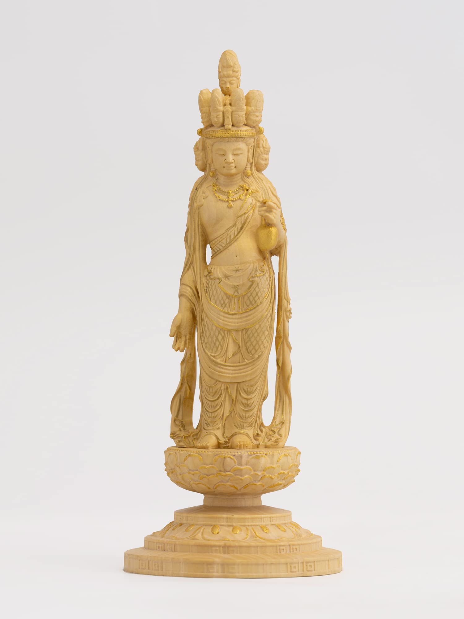 Tiny Buddha Kannon Kogenji Style Boxwood with Gold Paint Kannon Bodhisattva Buddhist Statue Figurine Wood Carving Ornament Kannon Eleven-Headed - золотой