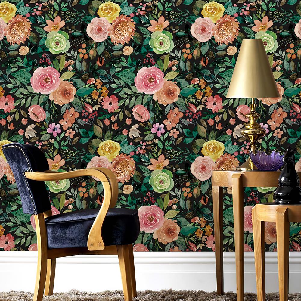 Elegant Green Leaf and Pink Floral Wallpaper Self-adhesive Home Decor Blooming Floral Wall Mural Peony Roses Wallpaper