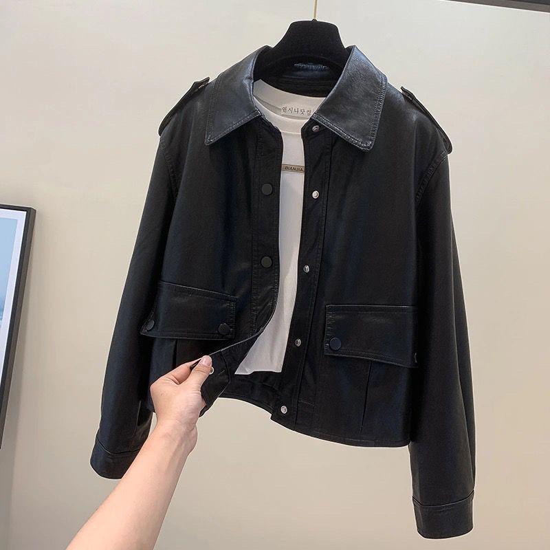 2025 Women's Plus Size Casual Leather Motorcycle Jacket with Turn-Down Collar