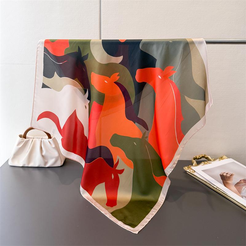 Luxury Horse Print Square Silk Scarf Women Neck Tie Soft Hijab Headscarf Female Fashion Decorate Head Scarf Foulard Bandana