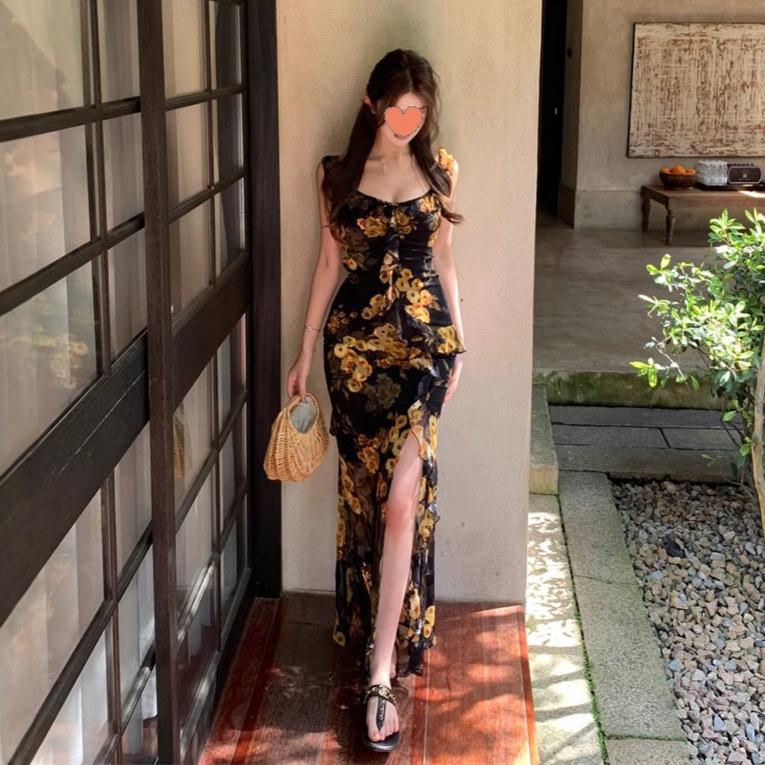 Retro Coffee Break Ruffle Leaf Edge Floral Suspender Dress Women's Summer Temperament Slim Waist Split Fork Beautiful Hip Wrap Dress