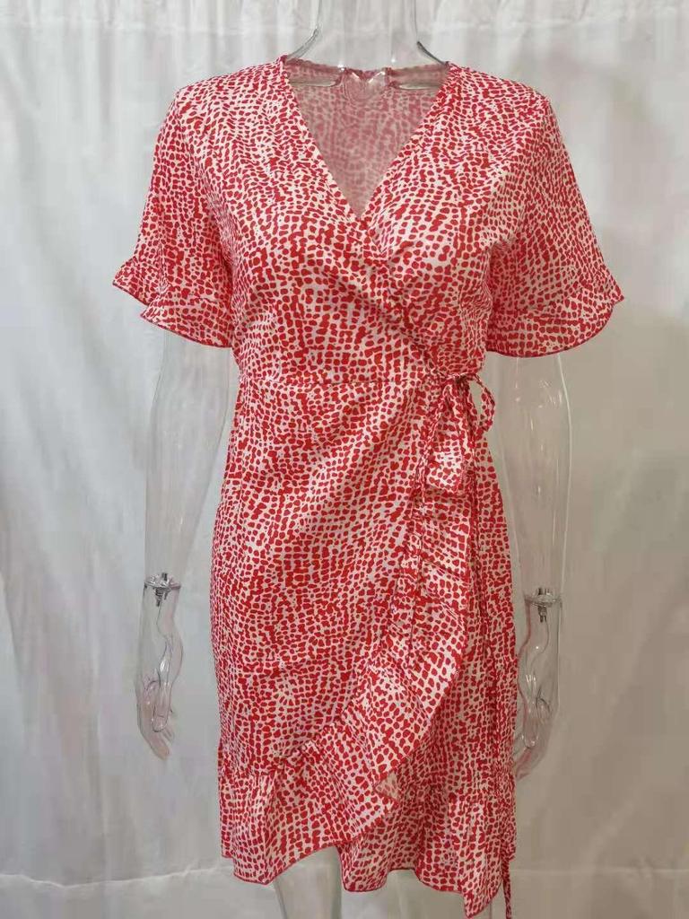 Printed V-Neck Tie High Waist Chiffon Floral Dress