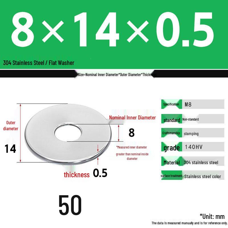 304 Stainless Steel Thickened Flat Washer Set, Sizes 2-36