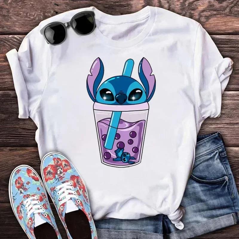 New Disney Women T-shirt Kawaii Lilo Stitch Print Tee Shirts Fashion Short Sleeve T Shirt Female Streetwear Y2k Clothes Top