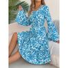 Women's Vintage Flared Sleeve Ruffled Waist Floral Midi Dress