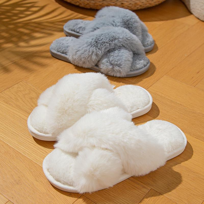 Winter Plush Cross-strapped Cotton Slippers Non-slip Indoor Soft Bottom Warm Fluffy Household Slippers Women