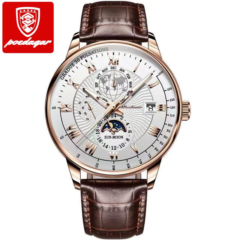 New Fashion Male Real Leather Watch Top Brand Luxury Sport Alloy Quartz Watch Waterproof Date Luminous Watch Wrist Men 908 RoseGold White L