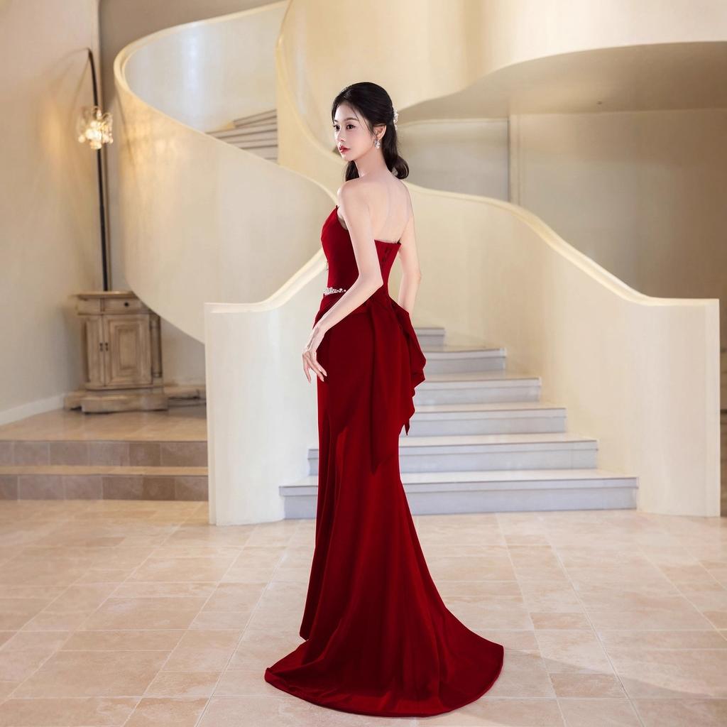 Red tube top toast new wedding morning gown bride wedding engagement fishtail banquet evening dress skirt