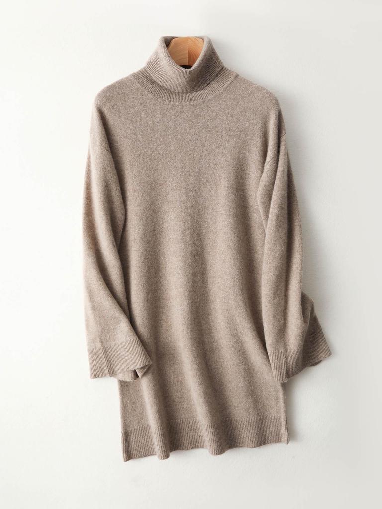 Women's High Neck Loose Fit Wool Maxi Dress with Bell Sleeves - Autumn/Winter Collection