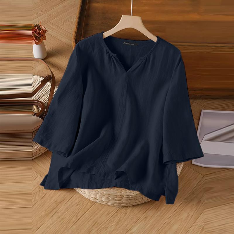 ZANZEA Women V-Neck Loose Casual 3/4 Sleeve Cotton Blouse
