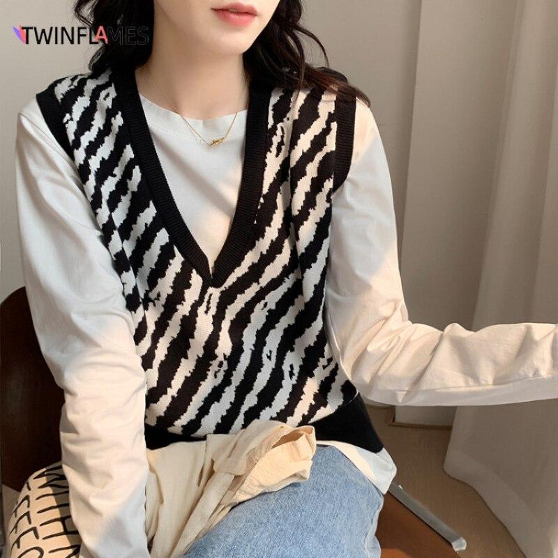 Sweater Vest Women New Autumn Winter Loose Harajuku Pullover Pulls Femme Sleeveless Knitted V-Neck Chic Outerwear