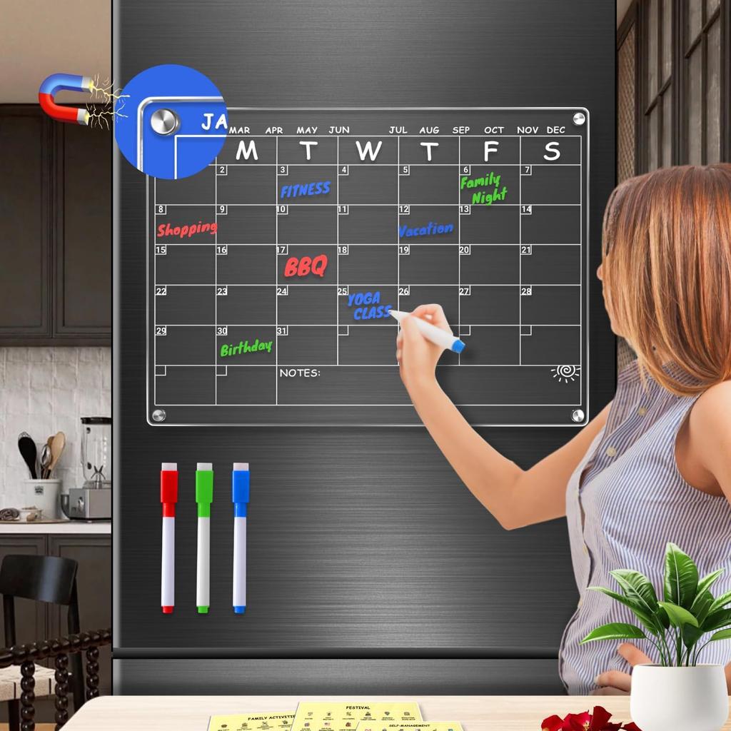 Acrylic Calendar for Fridge with 3 Packs Stickers & 3 Markers - Clear Magnetic Calendar for Refrigerator, Dry Erase Calendars for Fridge Whiteboard,