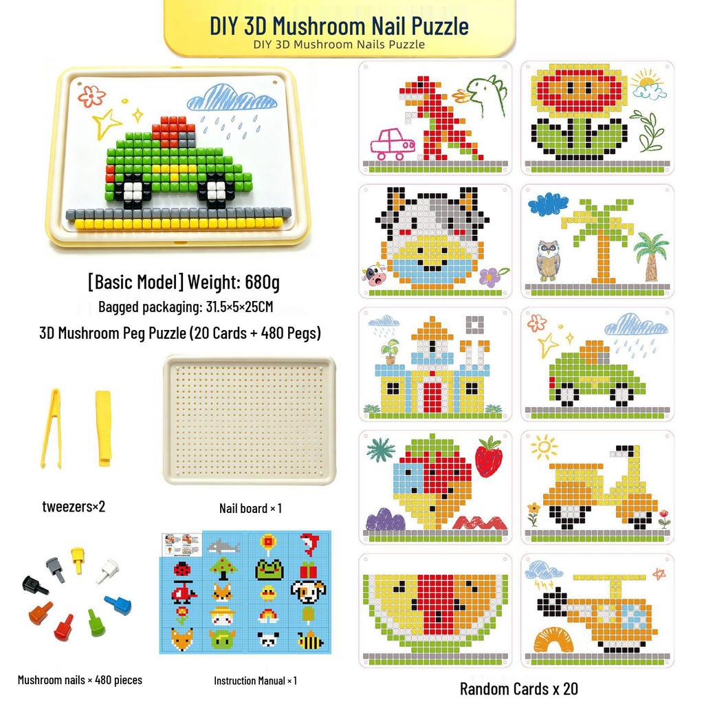 3D Insertable Mushroom Pegs: Children's Creative DIY Puzzle for Concentration and Fun.