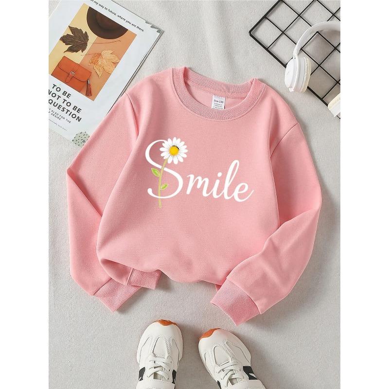 European sizes Trendy Crewneck Sweatshirt with Daisy Flower Design for Girls, Long-Sleeved Casual Top for Young Girls