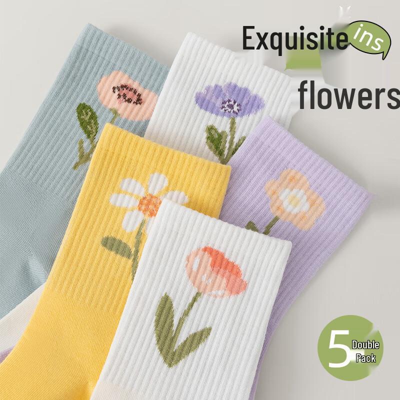 Mao Ren Women s Sweet Floral Mid-Calf Cotton Socks (5 Pairs) One Size