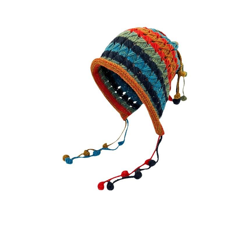Korean Fashion Designer's Handmade Crochet Colored Ball Wool Hat For Children's Autumn And Winter Lace Up Tassel Pullover Hat