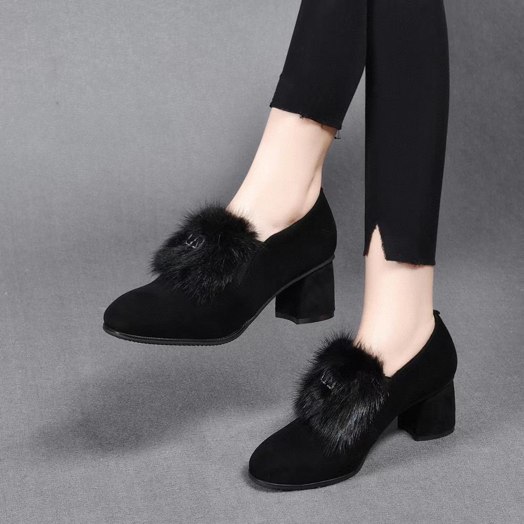 Round head deep mouth single shoes fluffy shoes women's new sheepskin thick heel ankle shoes one pedal women's shoes high heels