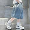 Summer Children Loose Casual Gradient Blue Jean Shorts for Teenager Boys Baggy Denim Shorts Kids Street Knee Length Pants