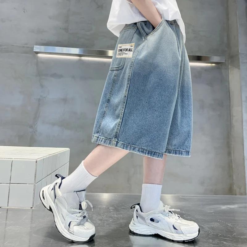 Summer Children Loose Casual Gradient Blue Jean Shorts for Teenager Boys Baggy Denim Shorts Kids Street Knee Length Pants