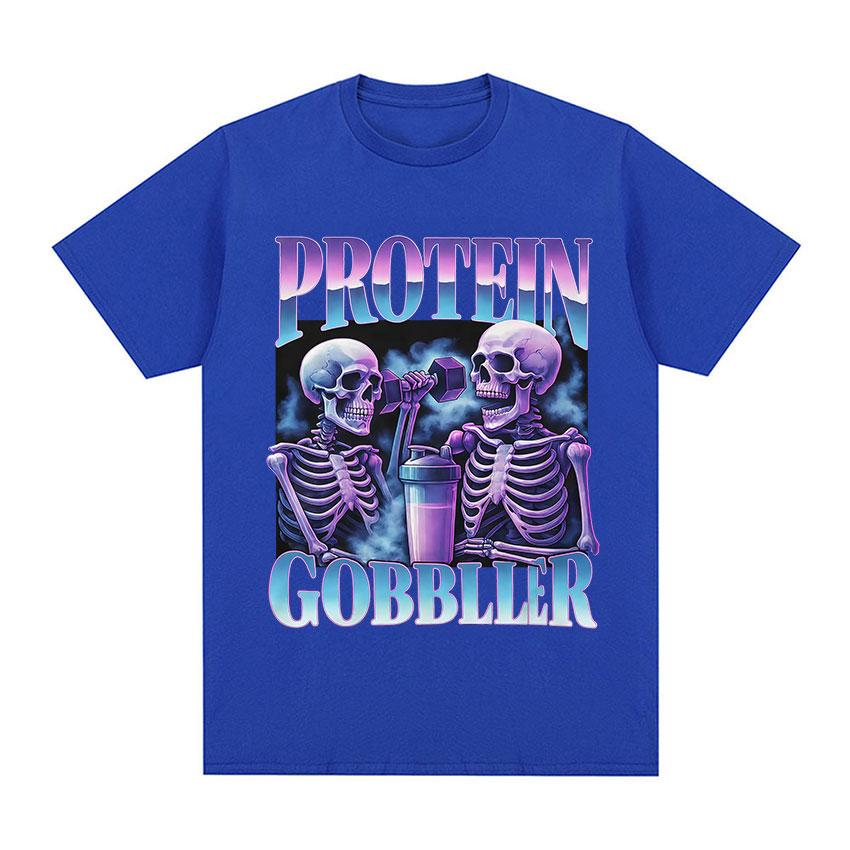 Protein Gobbler Gym TShirt Funny Skeleton Fitness Weightlifting Meme Graphic TShirt Unisex Women Fashion High Quality Cotton Tees