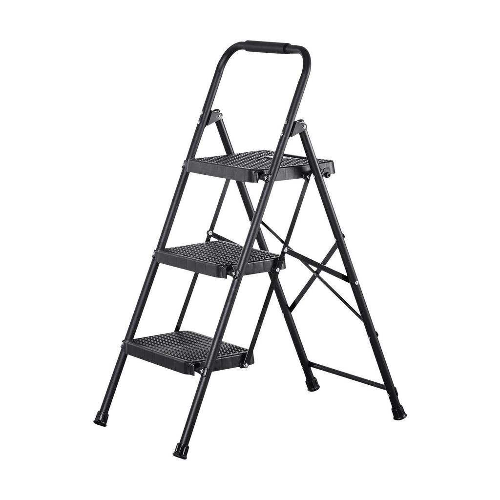 3 Step Ladder, Folding Step Stool with Wide Anti-Slip Pedal and Comfort Handgrip, Lightweight 272 kg Capacity Portable Steel Ladder, Multi-Use for