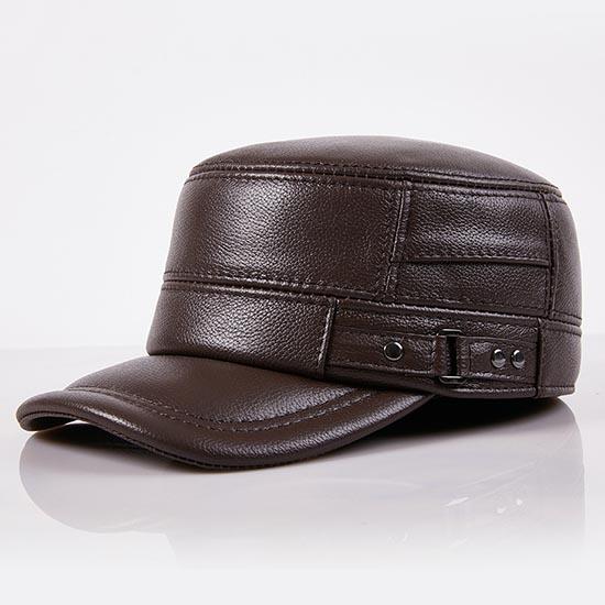 Flat Top Warm Winter Hat for Elderly Men Genuine Leather Dad Cap with Ear Flaps