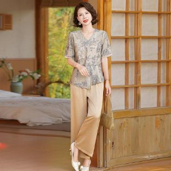 

Spring/Summer Mom s Casual Two-Piece Set: Short-Sleeve Top & Wide-Leg Pants for Middle-Aged & Elderly Women XL оранжевый