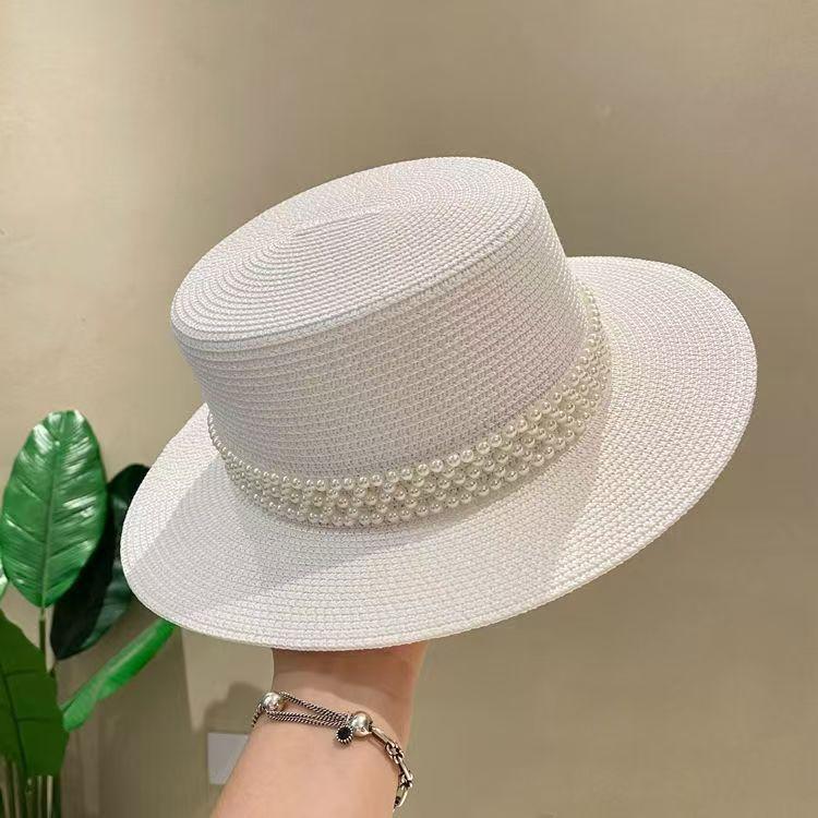 Pearl flat top hat sunshade sunscreen beach hat summer travel fashion wide brim straw top hat women's idyllic style