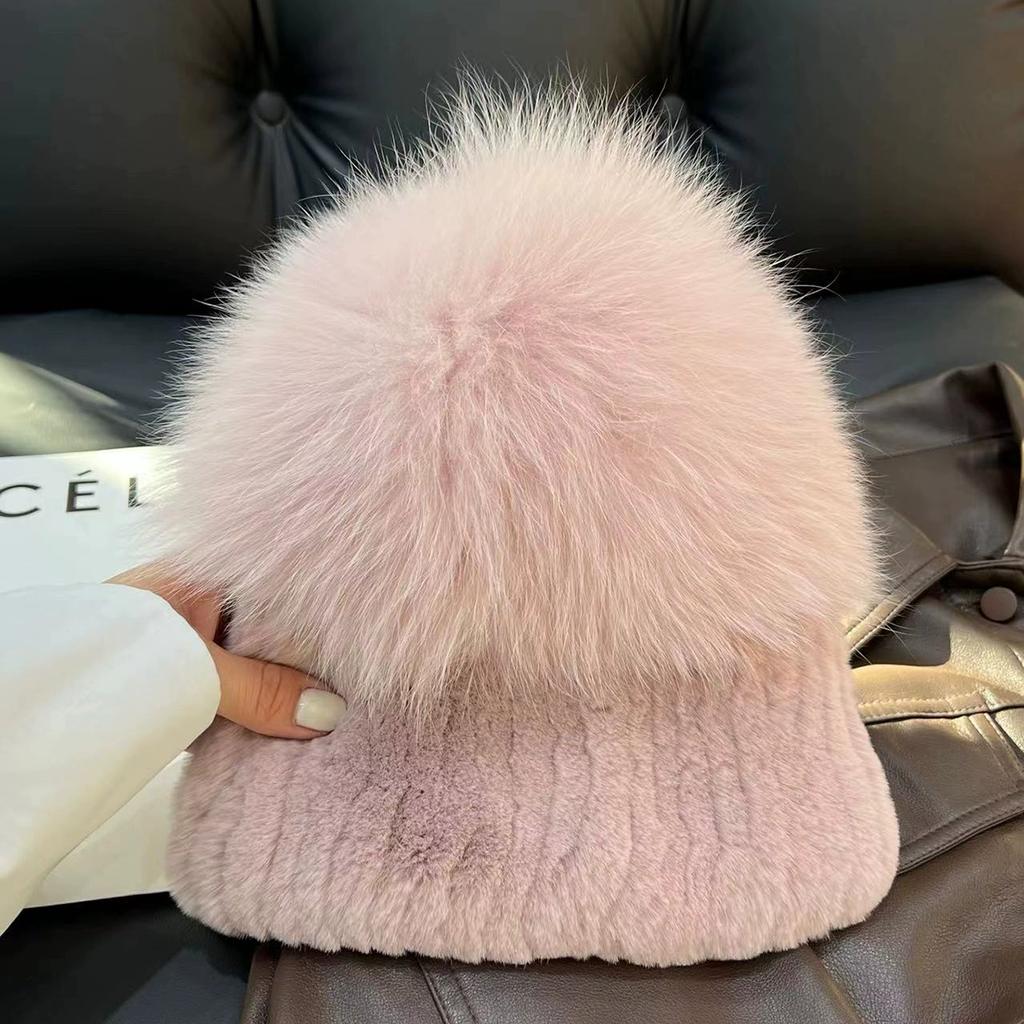 Real Rex Rabbit Hair Fox Hair Hat Thickened Fur Ear Protector Hat Cold-proof and Warm Plush Knitted Hat Baotou Hat Basin Hat