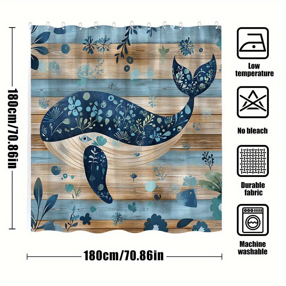 1pc Floral Whale Bath Curtain - Navy Teal Marine Creature Design with Wood Plank Background, Playful Underwater Fantasy Art,