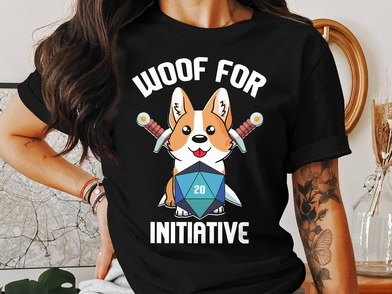 Funny Corgi RPG Gamer Tee, Woof For Initiative T-Shirt, D20 Tabletop Gaming Shirt, Dungeons Roleplaying Game Tee, Cute Dog RPG Shirt XL