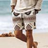Men's Wave Rhombus Embroidery Print Drawstring Shorts, Spring Summer Ethnic Vacation Casual Shorts, Pocket Beach Shorts