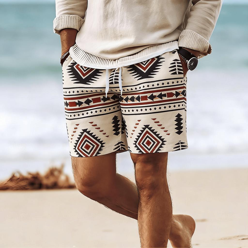 Men's Wave Rhombus Embroidery Print Drawstring Shorts, Spring Summer Ethnic Vacation Casual Shorts, Pocket Beach Shorts