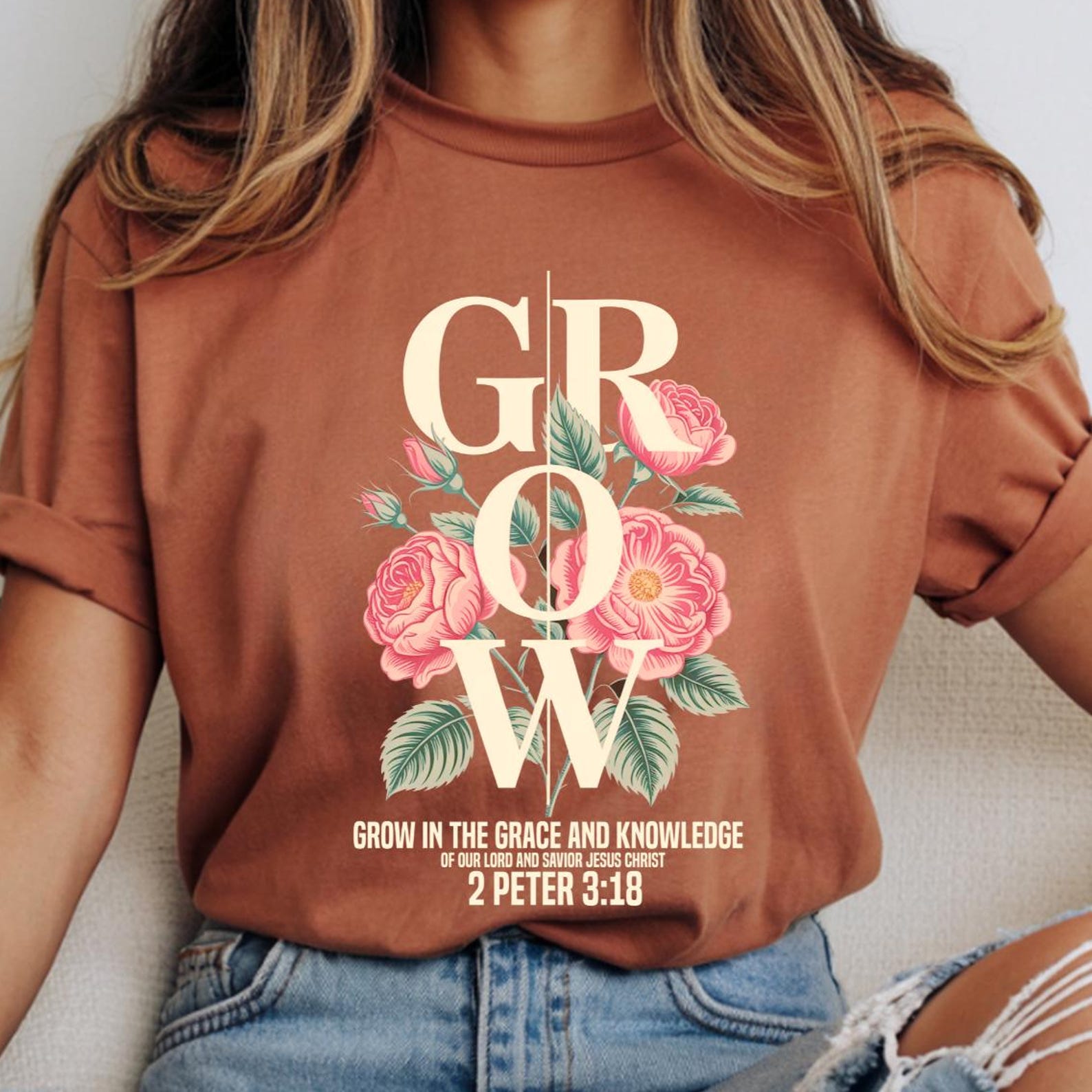 Floral Christian T-Shirt, Grow In Grace Bible Verse Tee S