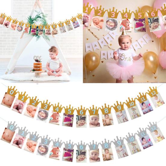 1st Baby Birthday Party Glitter Crown Monthly Photo Banner 1-12 Months Garland