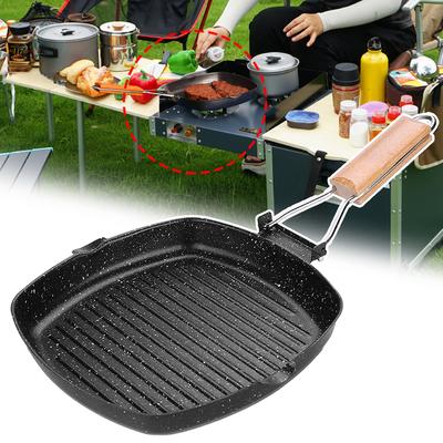 Univerzálna kempingová panvica s drevenou rukoväťou proti popáleniu, panvica na steaky na turistiku