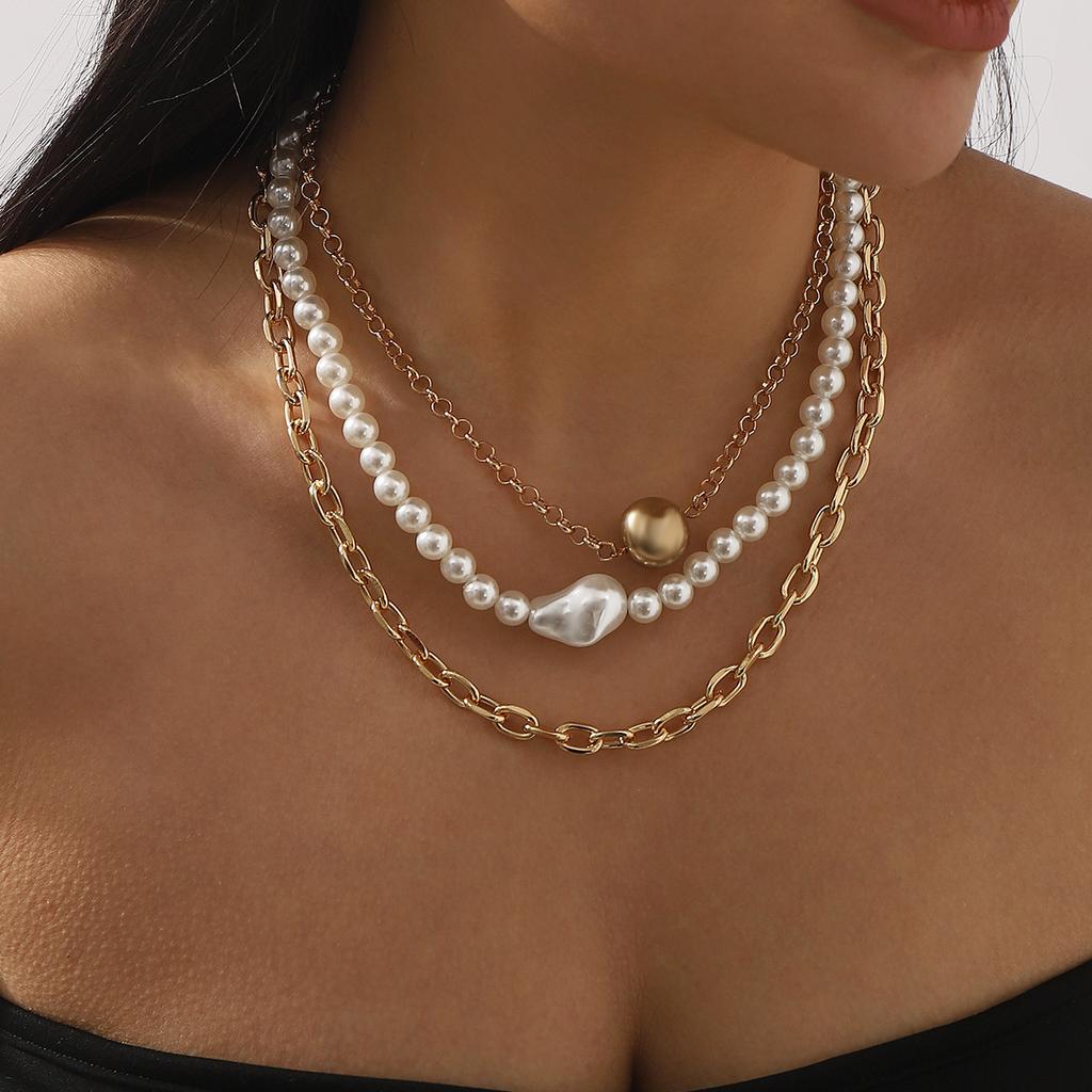 French temperament pearl mix and match light luxury geometric collarbone chain niche hollow chain multi-layer stacked necklace