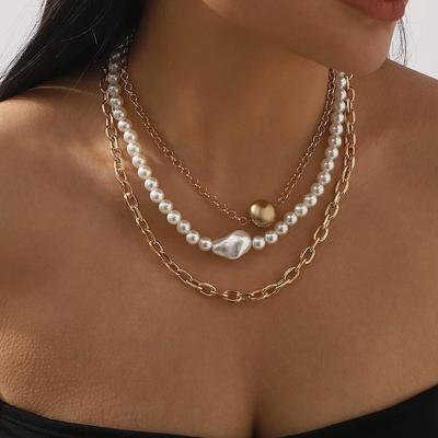 French Temperament Pearl Mix and Match Light Luxury Geometric Collarbone Chain Niche Hollow Chain Multi-layer Stacked Necklace