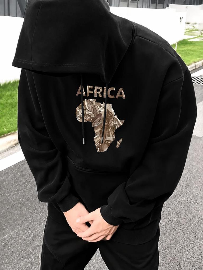 Unisex Hoodie, Casual Daily Wear, Africa Map Graphic Print, Pullover Sweatshirt, Streetwear Style, Autumn Winter Outdoor, Long Sleeve with Kangaroo Po