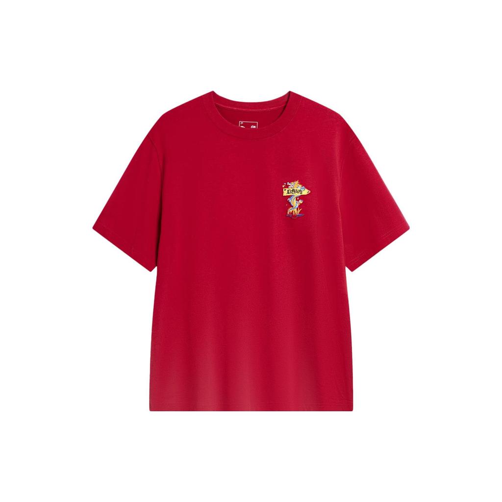 Li-Ning Embroidered Pattern Crew Neck Pullover Short Sleeve T-Shirt Men Tops Samba-Red AHSU009-5