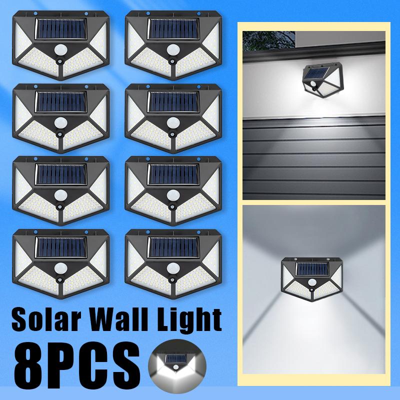 1-8 Kits Solar Wall Lights Outdoor 100 LED Motion Sensor 270° Range 3 Modes Wireless Energy Saver for Yard, Garden, Lawn, Patio