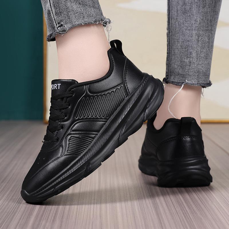 Casual Sports Shoes Leather Surface All Black Spring and Autumn Waterproof Soft Sole Light Wear-resistant and Comfortable