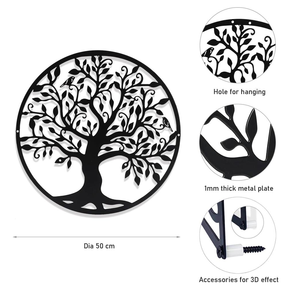 Black Metal Tree of Life 50cm Elegant Decoration - Steel Wall Art for Indoor Outdoor - Design Picture Living Room Hallway Staircase Home Decoration