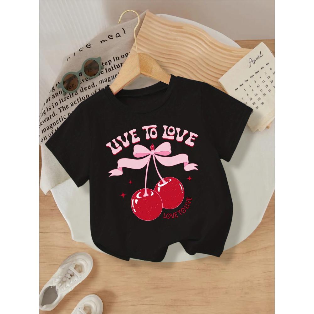 

Summer girl s black short sleeved shirt with cherry cartoon pattern print, suitable for daily outings 140