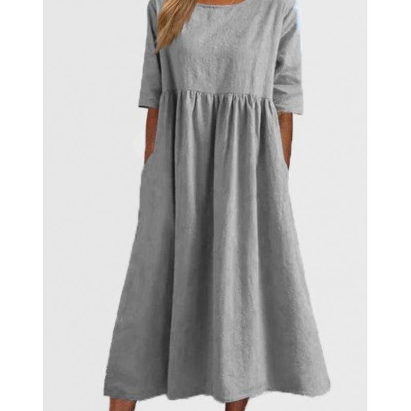 Plus Size Round Neck Solid Pleated Pocket Loose Casual Midi Comfortable Dress S-5XL Lightweight Recognition Elegant with Flattering Chic Dress