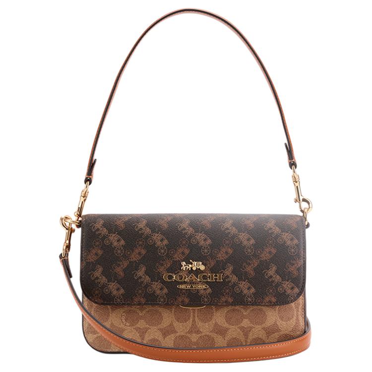 

Coach Brown Signature & Horse Carriage Canvas Medium Flap Shoulder Bag for Daily Use Basic Set (Bag+Dust Bag)