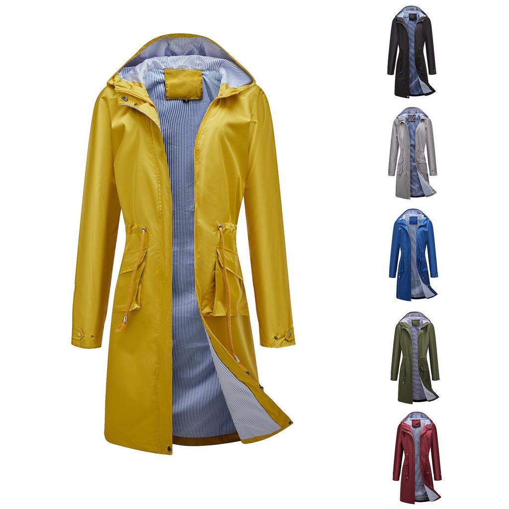 Spring and Autumn Long Casual Windbreaker Women's Water-Repellent Hooded Solid Color Top Striped Lined Straight Jacket