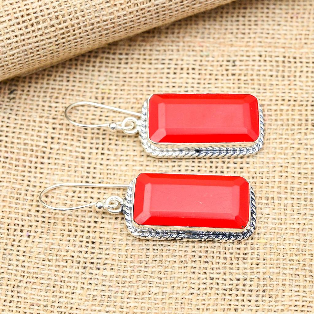 Faceted Red Coral Gemstone Handmade 925 Solid Sterling Silver Jewelry Earrings For Her