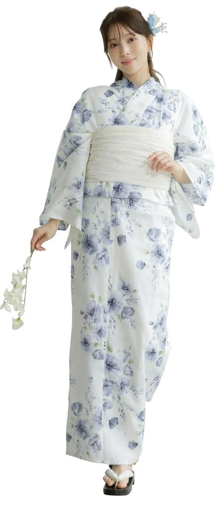 (Dita) Women's Yukata 5-Piece Set: Heiko Obi (Sash), Blue, White, Light Blue, Watercolor, Transparent Floral Pattern, Natural, Easy To Wear by One